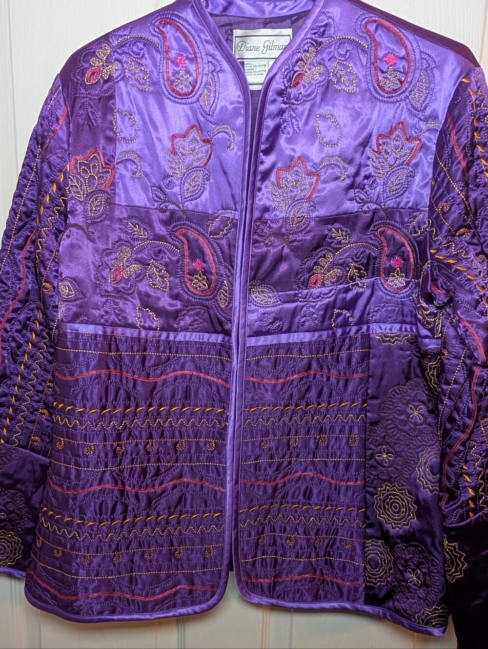 Diane Gilman Floral Purple Embroidered Boho Asian Inspired Lined Jacket Medium